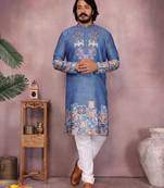 Blue cotton mens kurta with embroidery print indian