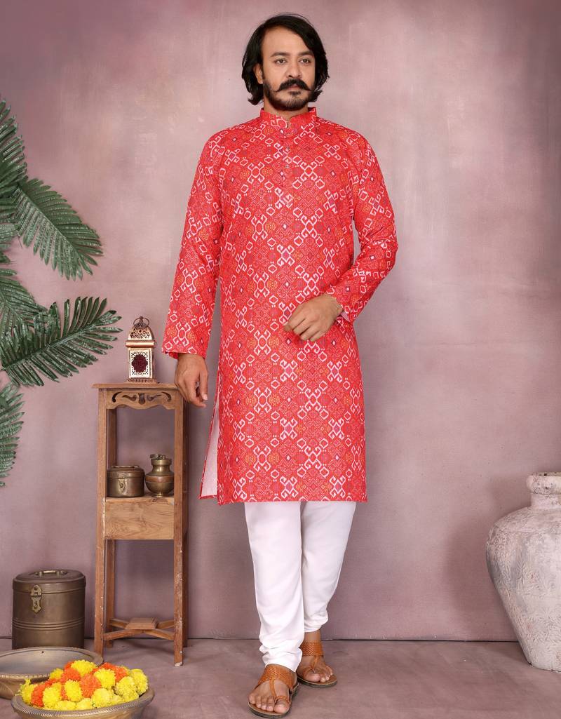 Red cotton sequin kurta set
