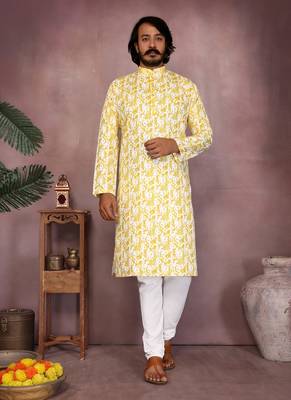 Yellow cotton sequin kurta set 1
