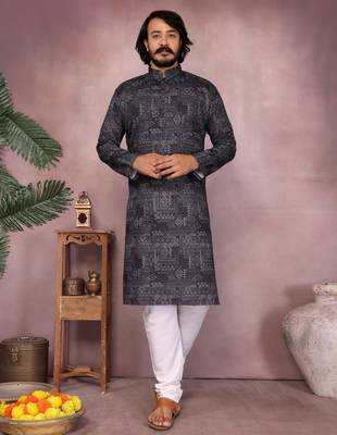 Black printed work festival wear cotton readymade kurta pajama 1