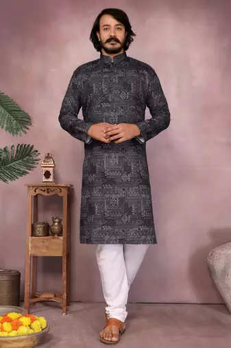 Black printed work festival wear cotton readymade kurta pajama