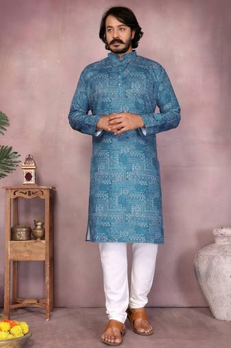 Blue printed work festival wear cotton readymade kurta pajama