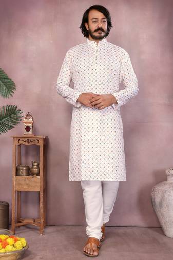 White printed work festival wear cotton readymade kurta pajama