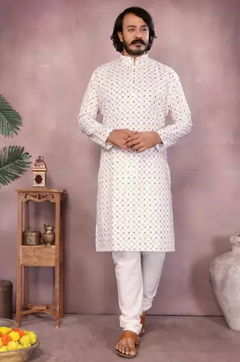 White printed work festival wear cotton readymade kurta pajama