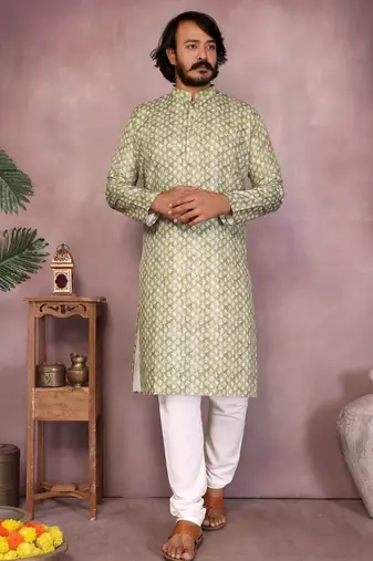 Green printed work festival wear cotton readymade kurta pajama