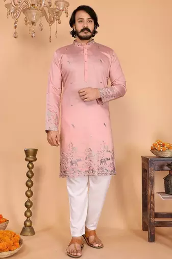 Pink embroidered linen cotton kurta for men