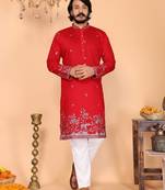 Red embroidered linen cotton kurta for men