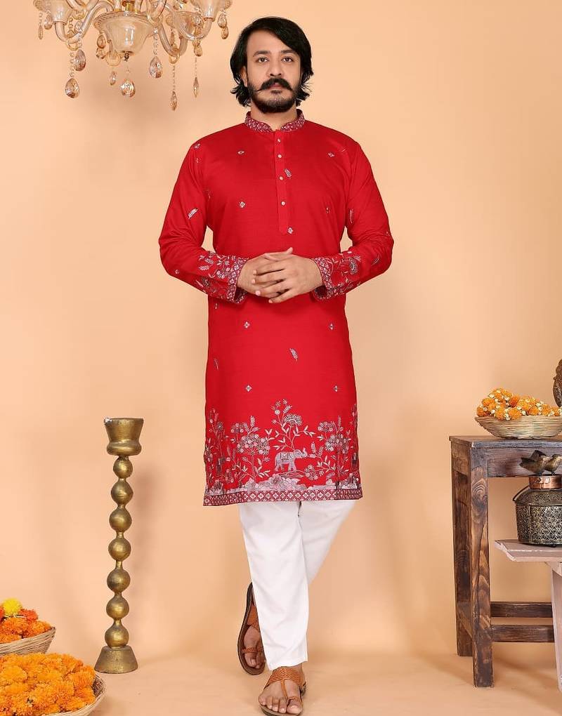 Red embroidered linen cotton kurta for men