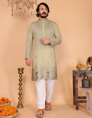 Light yellow embroidered linen cotton kurta for men 1