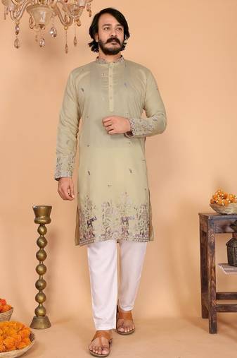 Light yellow embroidered linen cotton kurta for men