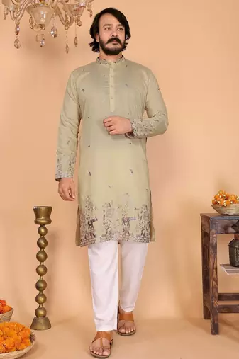 Light yellow embroidered linen cotton kurta for men