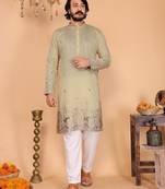 Light yellow embroidered linen cotton kurta for men