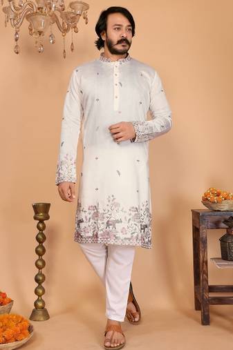 White embroidered linen cotton kurta for men