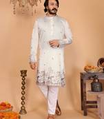 White embroidered linen cotton kurta for men