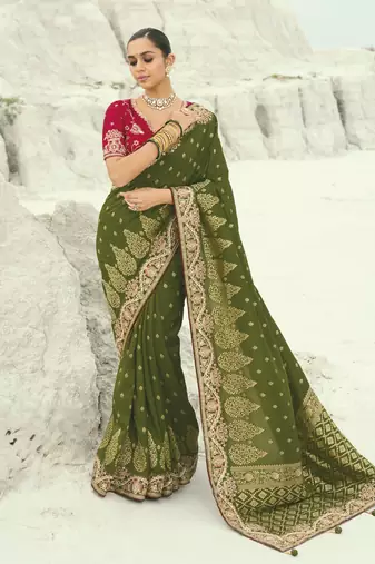 mehandi dola viscose saree with silk blend blouse