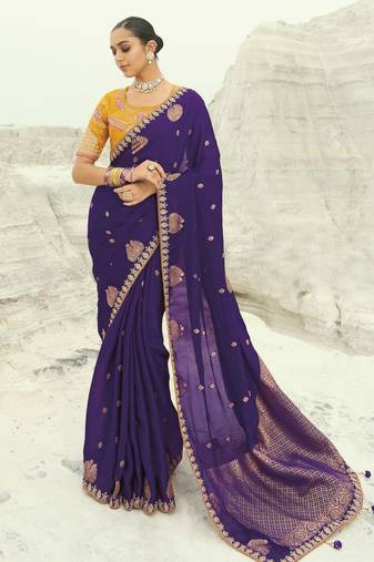 jamli purple organza viscose satin saree with silk blend blouse