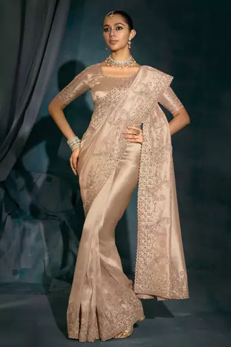 rose gold ziraf silk blend saree with ziraf silk blend blouse