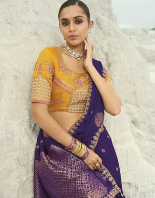 jamli purple organza viscose satin saree with silk blend blouse 3