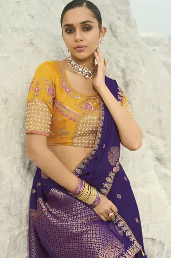 jamli purple organza viscose satin saree with silk blend blouse