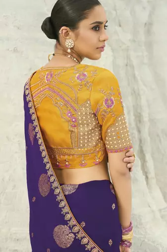 jamli purple organza viscose satin saree with silk blend blouse