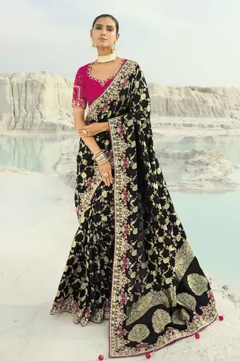 black dola viscose saree with silk blend blouse