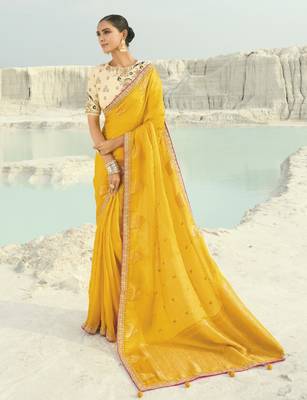 yellow organza viscose satin saree with silk blend blouse 1