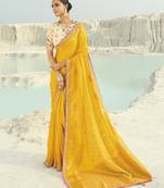 yellow organza viscose satin saree with silk blend blouse
