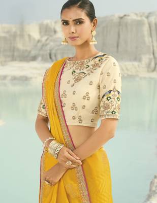 yellow organza viscose satin saree with silk blend blouse 2