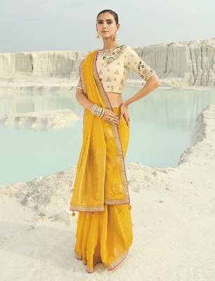 yellow organza viscose satin saree with silk blend blouse 3