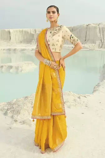 yellow organza viscose satin saree with silk blend blouse