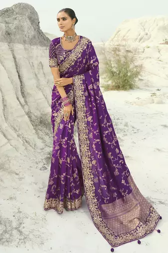 jamli purple dola viscose saree with silk blend blouse