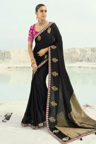 black organza viscose satin saree with silk blend blouse