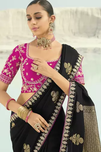 black organza viscose satin saree with silk blend blouse