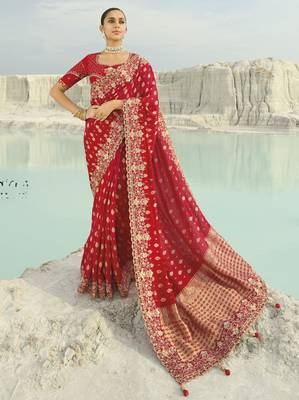 red to rani dola viscose saree with silk blend blouse 1