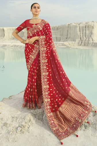 red to rani dola viscose saree with silk blend blouse