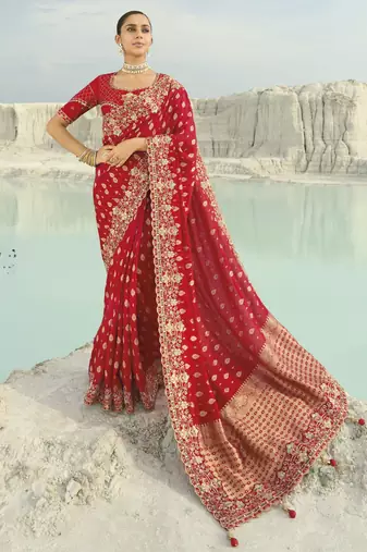 red to rani dola viscose saree with silk blend blouse