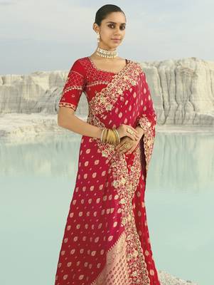 red to rani dola viscose saree with silk blend blouse 2