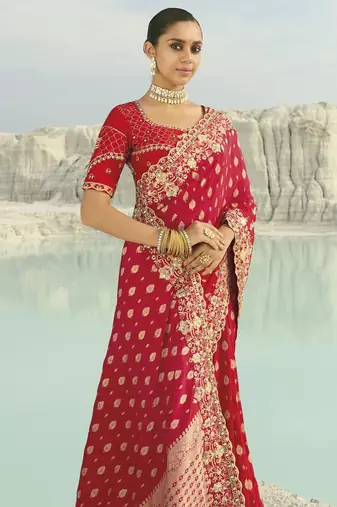 red to rani dola viscose saree with silk blend blouse