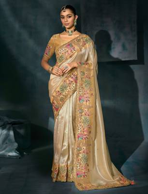 cream ziraf silk blend saree with silk blend blouse 1