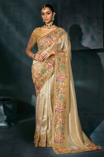 cream ziraf silk blend saree with silk blend blouse