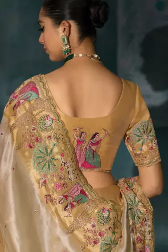 cream ziraf silk blend saree with silk blend blouse