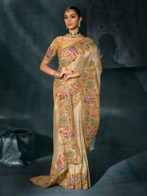 cream ziraf silk blend saree with silk blend blouse 3