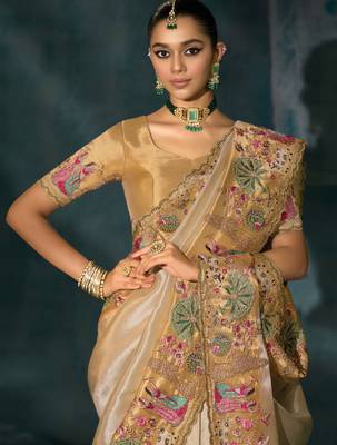 cream ziraf silk blend saree with silk blend blouse 4