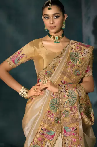 cream ziraf silk blend saree with silk blend blouse