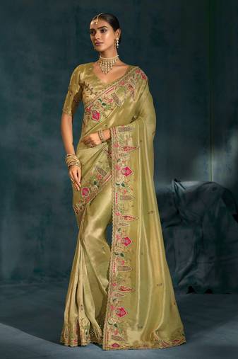 pista ziraf silk blend saree with mirror, moti & jarkhan heavy work