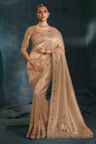golden ziraf silk blend saree with jardoshi, moti & mirror heavy work