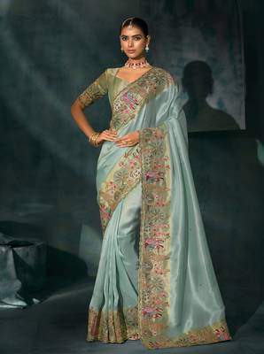 sea green ziraf silk blend saree with mirror moti & cut-dana work 1