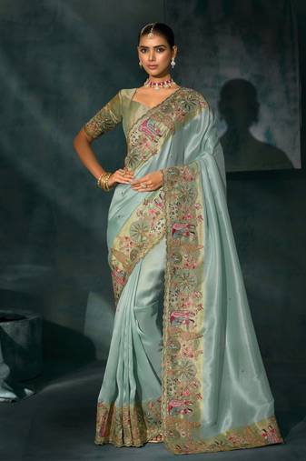 sea green ziraf silk blend saree with mirror, moti & cut-dana heavy work