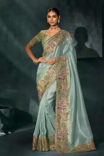 sea green ziraf silk blend saree with mirror, moti & cut-dana heavy work
