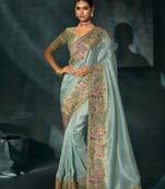 sea green ziraf silk blend saree with mirror, moti & cut-dana heavy work